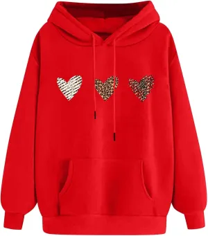 Sweatshirts for Women Casual Long Sleeve Heart Graphic Hoodies Cute Drawstring Oversized Pullover Tops with Pocket