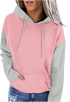 Sweatshirts for Women Oversized Drawstring Color Block Hoodies Spring Trendy Long Sleeve Pullover Tops with Pocket