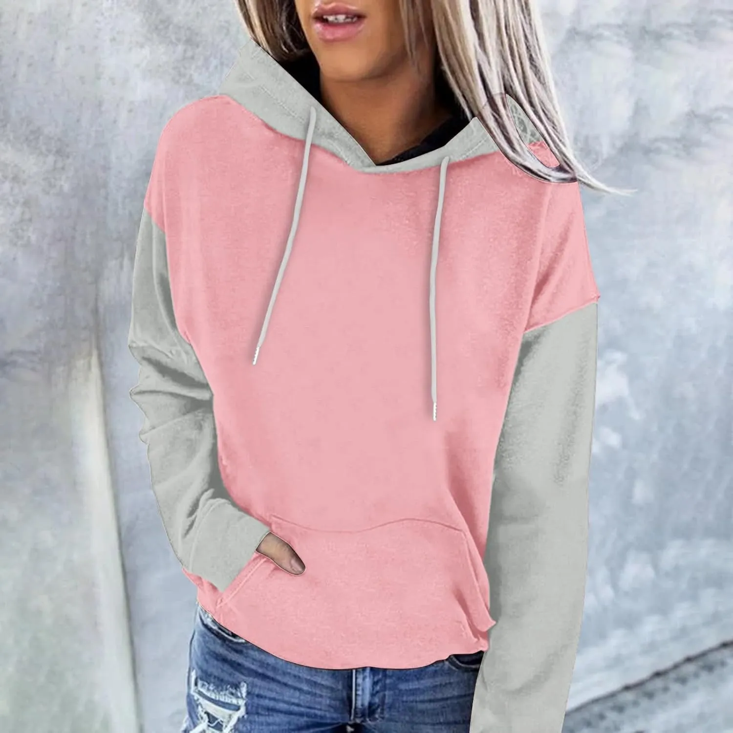 Sweatshirts for Women Oversized Drawstring Color Block Hoodies Spring Trendy Long Sleeve Pullover Tops with Pocket