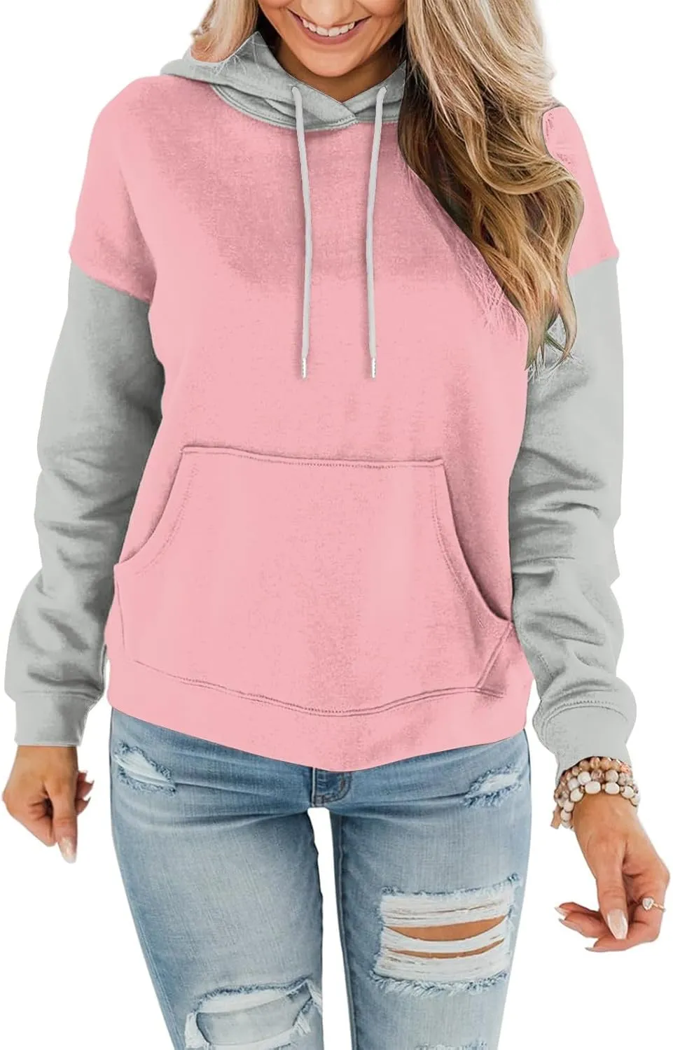 Sweatshirts for Women Oversized Drawstring Color Block Hoodies Spring Trendy Long Sleeve Pullover Tops with Pocket