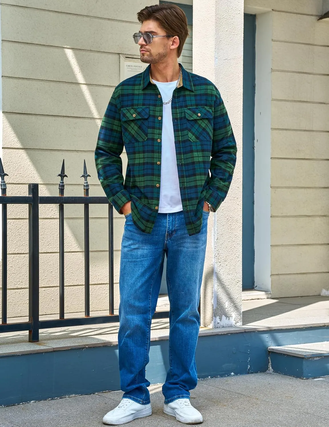 TACVASEN Men's Flannel Shirts Cotton Plaid Shirt Long Sleeve Button Up Shirt Jackets with 2 Chest Pockets