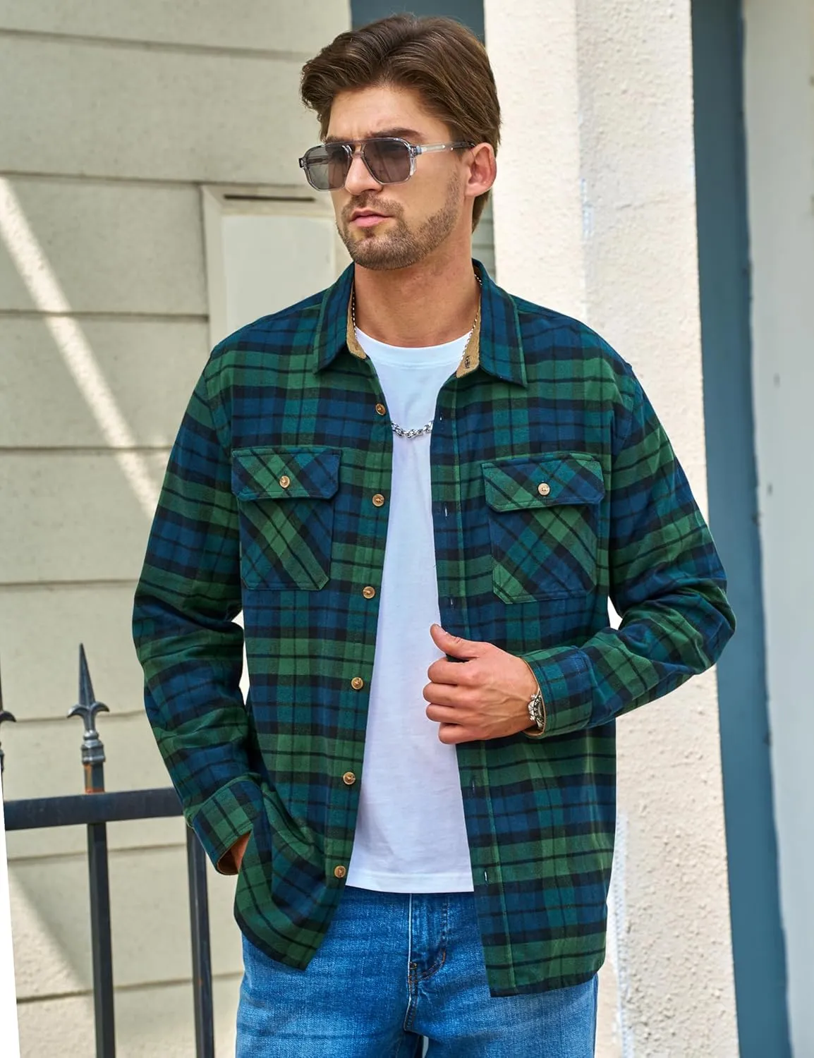 TACVASEN Men's Flannel Shirts Cotton Plaid Shirt Long Sleeve Button Up Shirt Jackets with 2 Chest Pockets