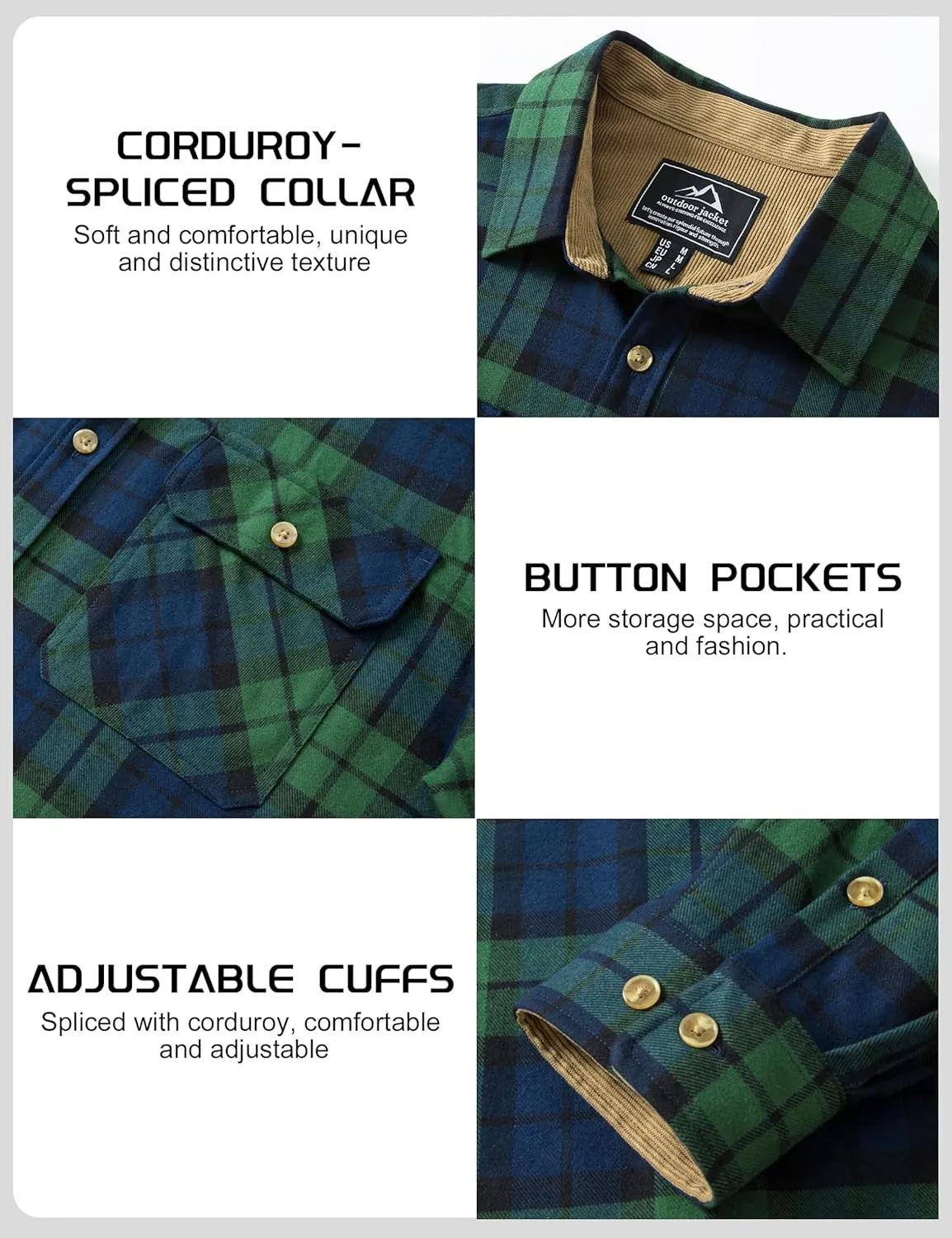 TACVASEN Men's Flannel Shirts Cotton Plaid Shirt Long Sleeve Button Up Shirt Jackets with 2 Chest Pockets