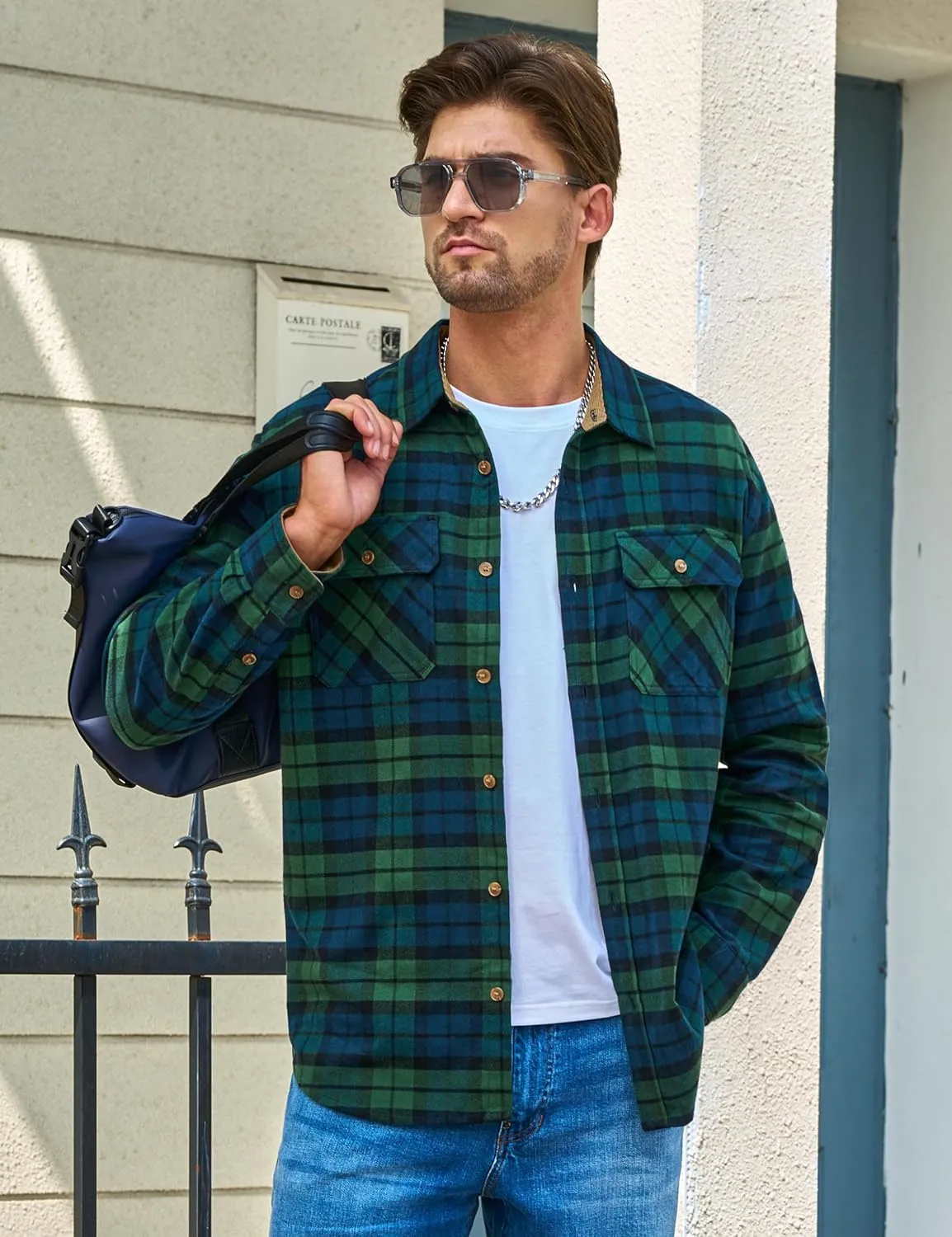 TACVASEN Men's Flannel Shirts Cotton Plaid Shirt Long Sleeve Button Up Shirt Jackets with 2 Chest Pockets