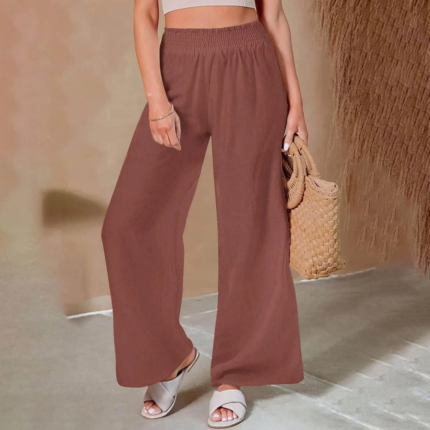 TANGNADE Women's Pants Casual Summer Cotton Linen High Waist Straight Palazzo Pant Trouser Vacation Boho Travel Clothes