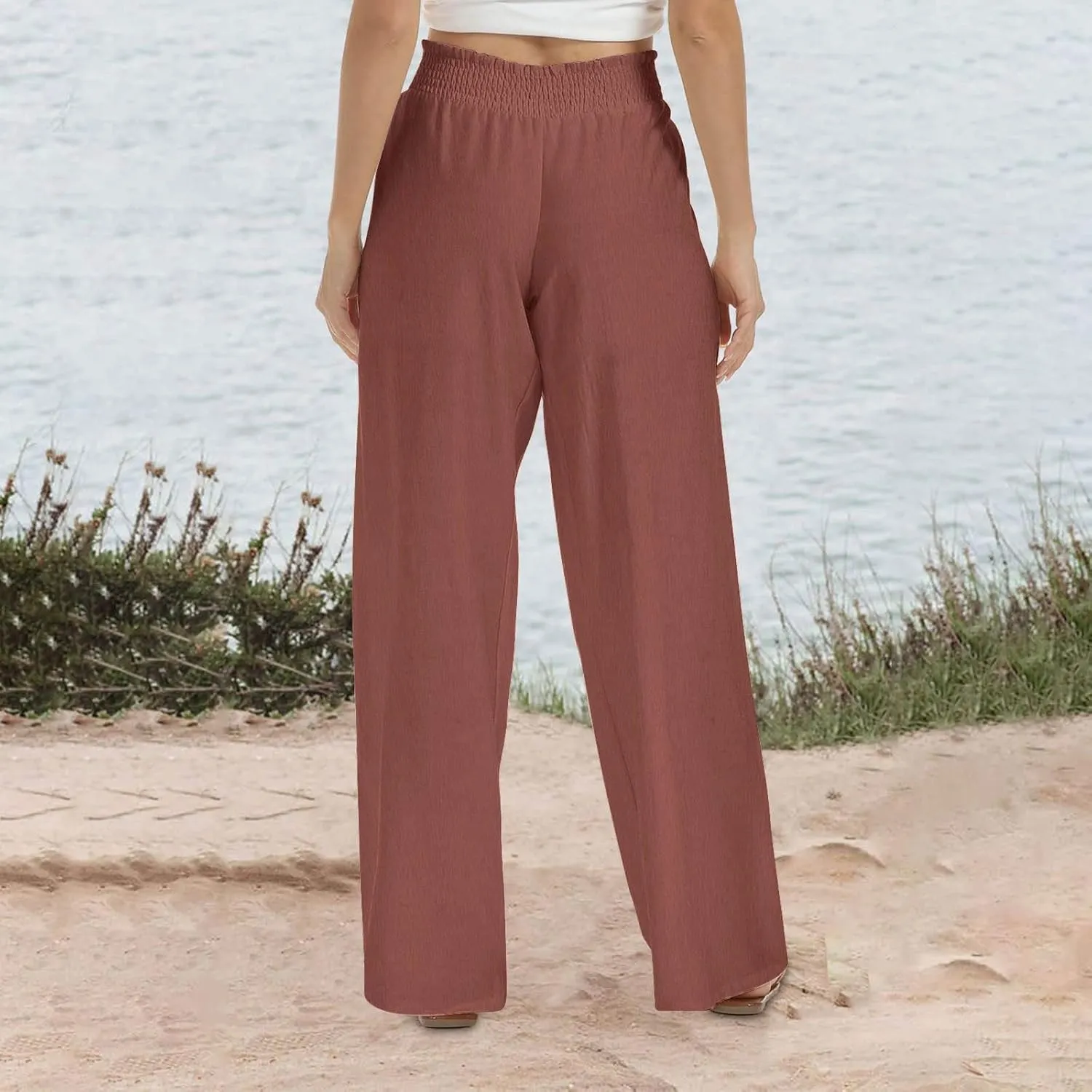 TANGNADE Women's Pants Casual Summer Cotton Linen High Waist Straight Palazzo Pant Trouser Vacation Boho Travel Clothes