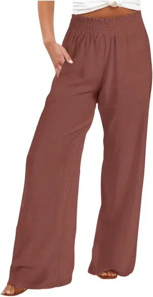 TANGNADE Women's Pants Casual Summer Cotton Linen High Waist Straight Palazzo Pant Trouser Vacation Boho Travel Clothes