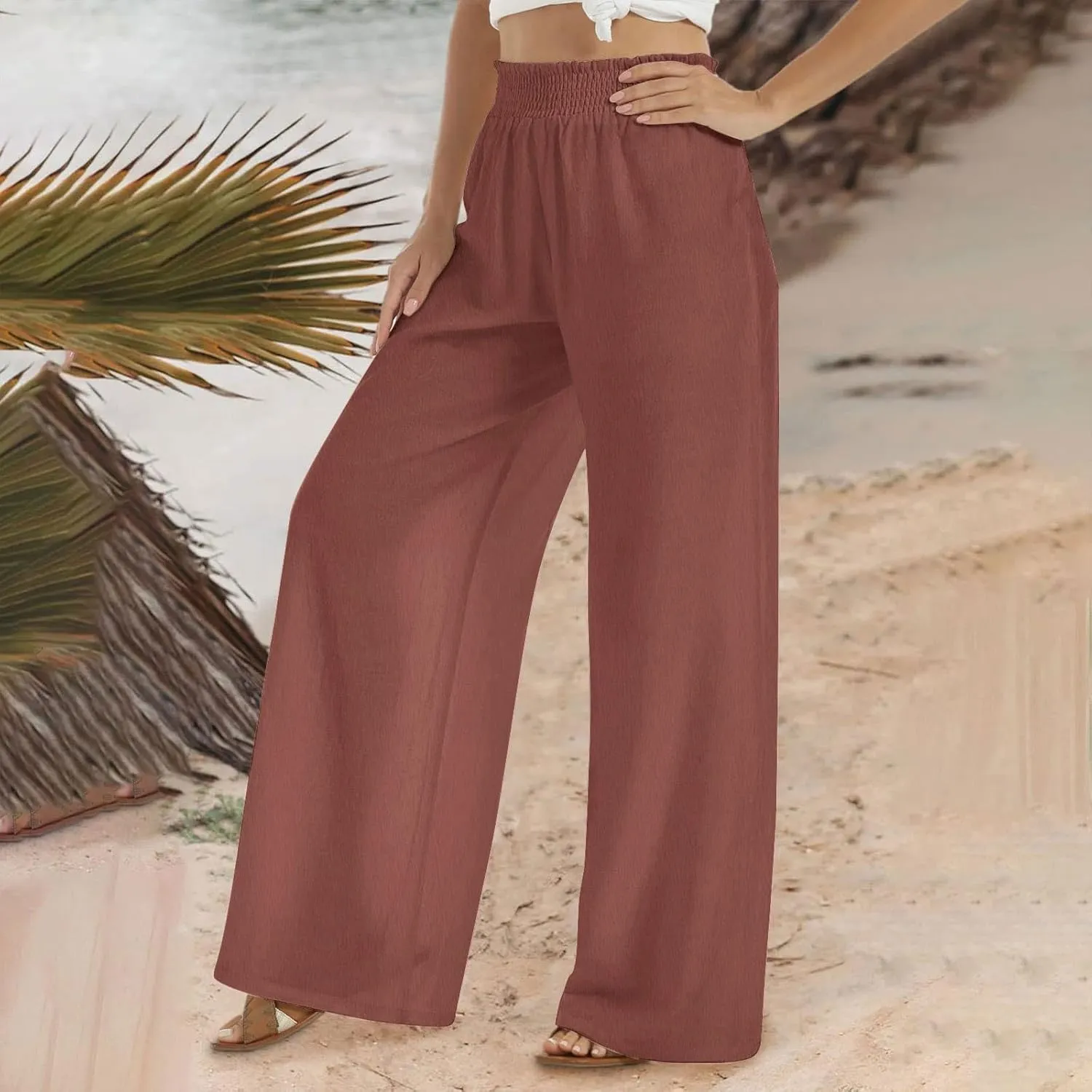 TANGNADE Women's Pants Casual Summer Cotton Linen High Waist Straight Palazzo Pant Trouser Vacation Boho Travel Clothes