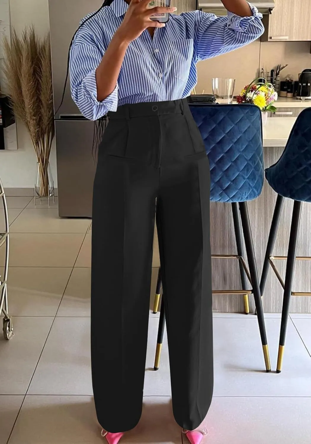 Tbahhir Women High Waisted Work Pants Wide Leg Dress Pants Straight Trousers Casual Business Slacks with Pockets