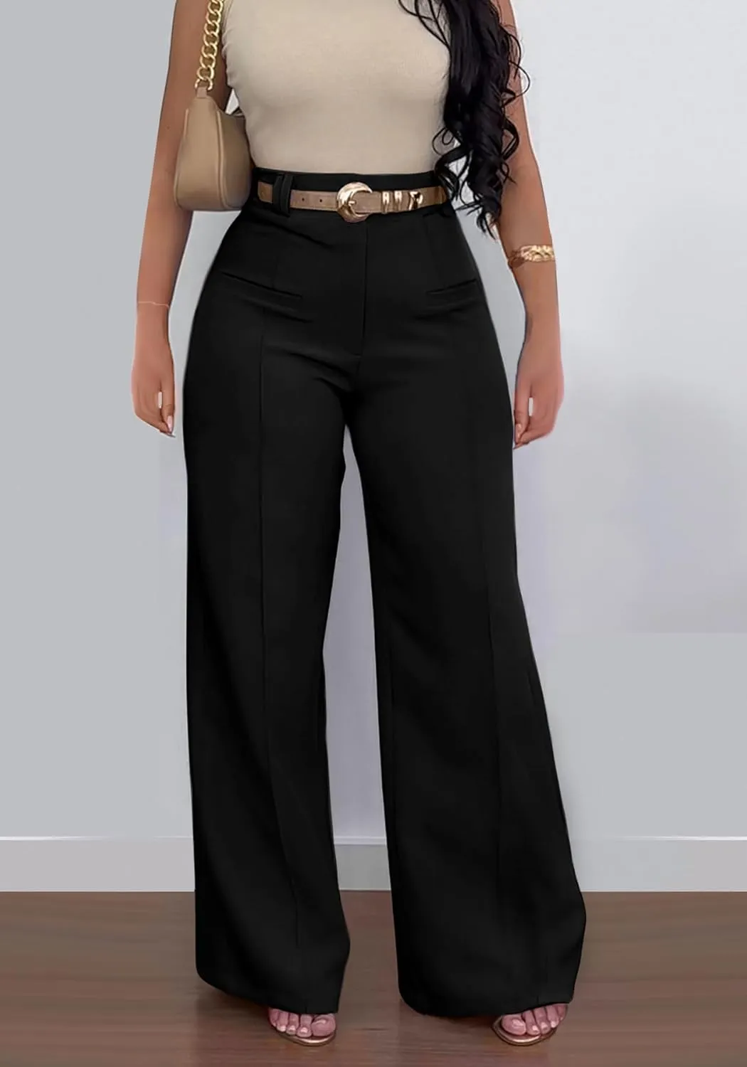 Tcremisa Women's Dressy Wide Leg Long Palazzo Pants Casual Straight Legs Loose High Waist Trousers(No Belt)