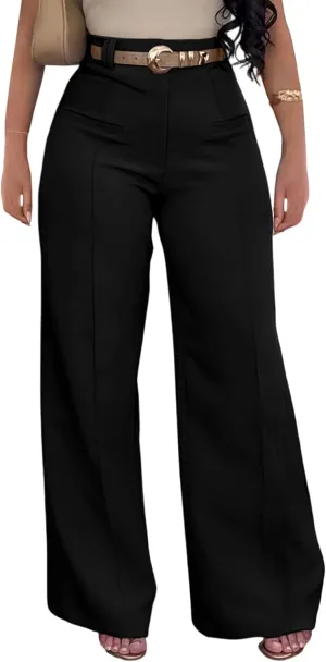 Tcremisa Women's Dressy Wide Leg Long Palazzo Pants Casual Straight Legs Loose High Waist Trousers(No Belt)