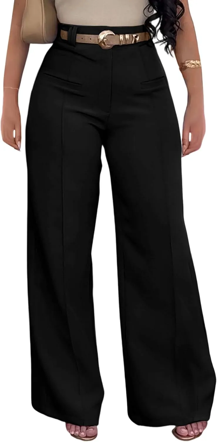 Tcremisa Women's Dressy Wide Leg Long Palazzo Pants Casual Straight Legs Loose High Waist Trousers(No Belt)