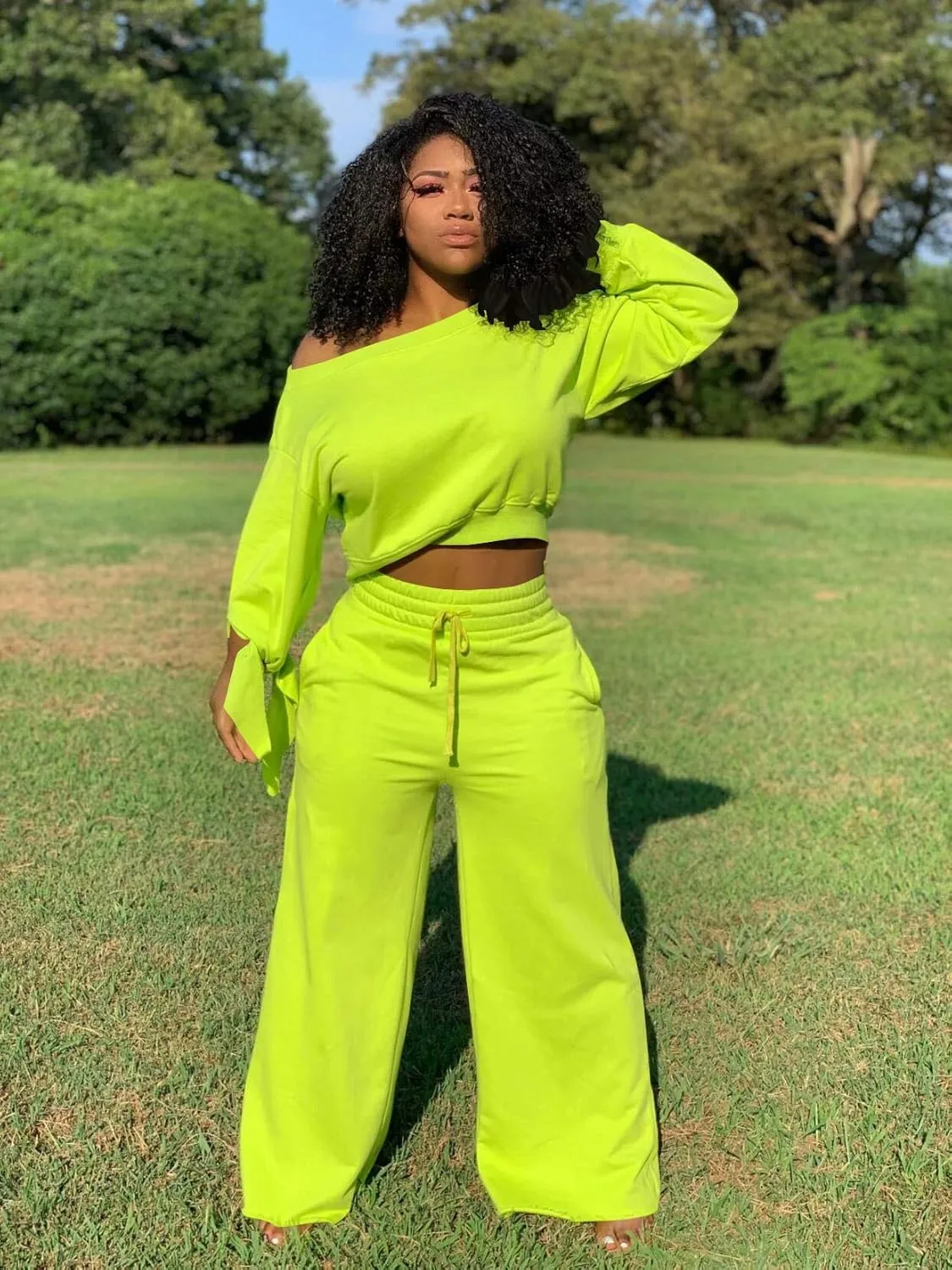TOPSRANI Women's 2 Piece Outfits Casual Solid Sweatsuits Baggy Long Sleeve Loose Matching Wide Leg Tracksuit Pants Sets