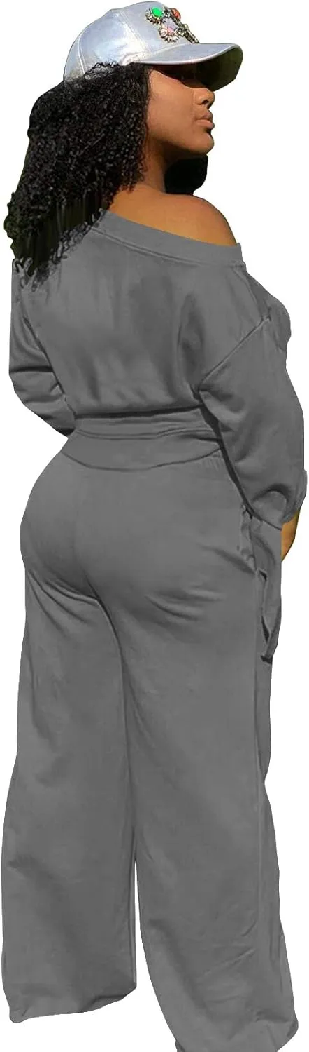 TOPSRANI Women's 2 Piece Outfits Casual Solid Sweatsuits Baggy Long Sleeve Loose Matching Wide Leg Tracksuit Pants Sets