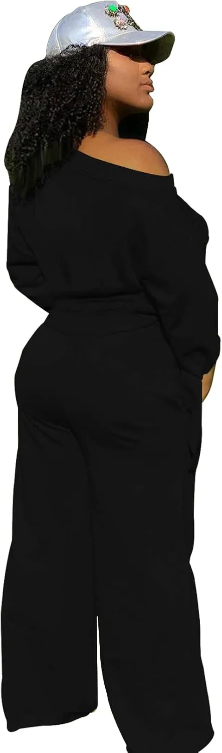 TOPSRANI Women's 2 Piece Outfits Casual Solid Sweatsuits Baggy Long Sleeve Loose Matching Wide Leg Tracksuit Pants Sets