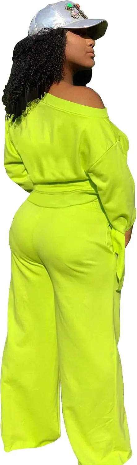 TOPSRANI Women's 2 Piece Outfits Casual Solid Sweatsuits Baggy Long Sleeve Loose Matching Wide Leg Tracksuit Pants Sets
