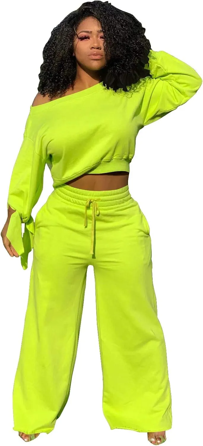 TOPSRANI Women's 2 Piece Outfits Casual Solid Sweatsuits Baggy Long Sleeve Loose Matching Wide Leg Tracksuit Pants Sets