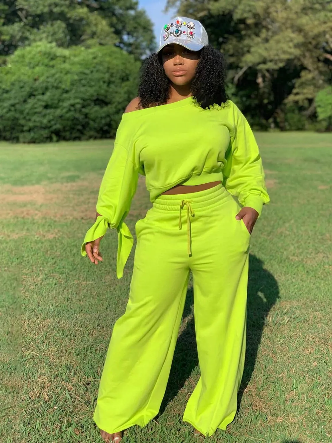 TOPSRANI Women's 2 Piece Outfits Casual Solid Sweatsuits Baggy Long Sleeve Loose Matching Wide Leg Tracksuit Pants Sets