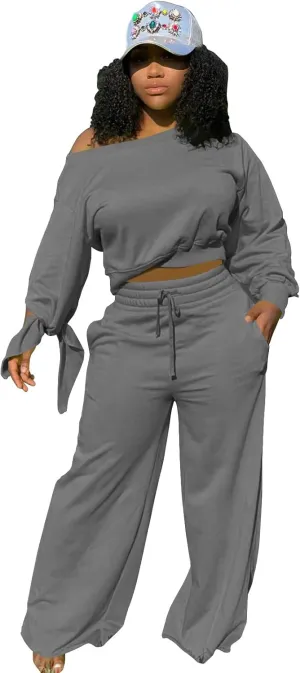 TOPSRANI Women's 2 Piece Outfits Casual Solid Sweatsuits Baggy Long Sleeve Loose Matching Wide Leg Tracksuit Pants Sets
