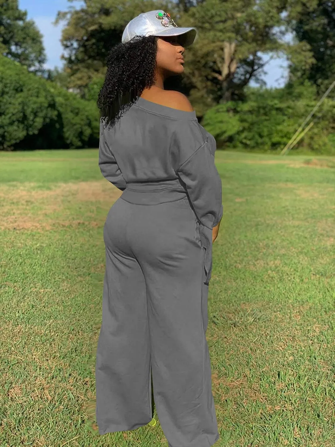 TOPSRANI Women's 2 Piece Outfits Casual Solid Sweatsuits Baggy Long Sleeve Loose Matching Wide Leg Tracksuit Pants Sets