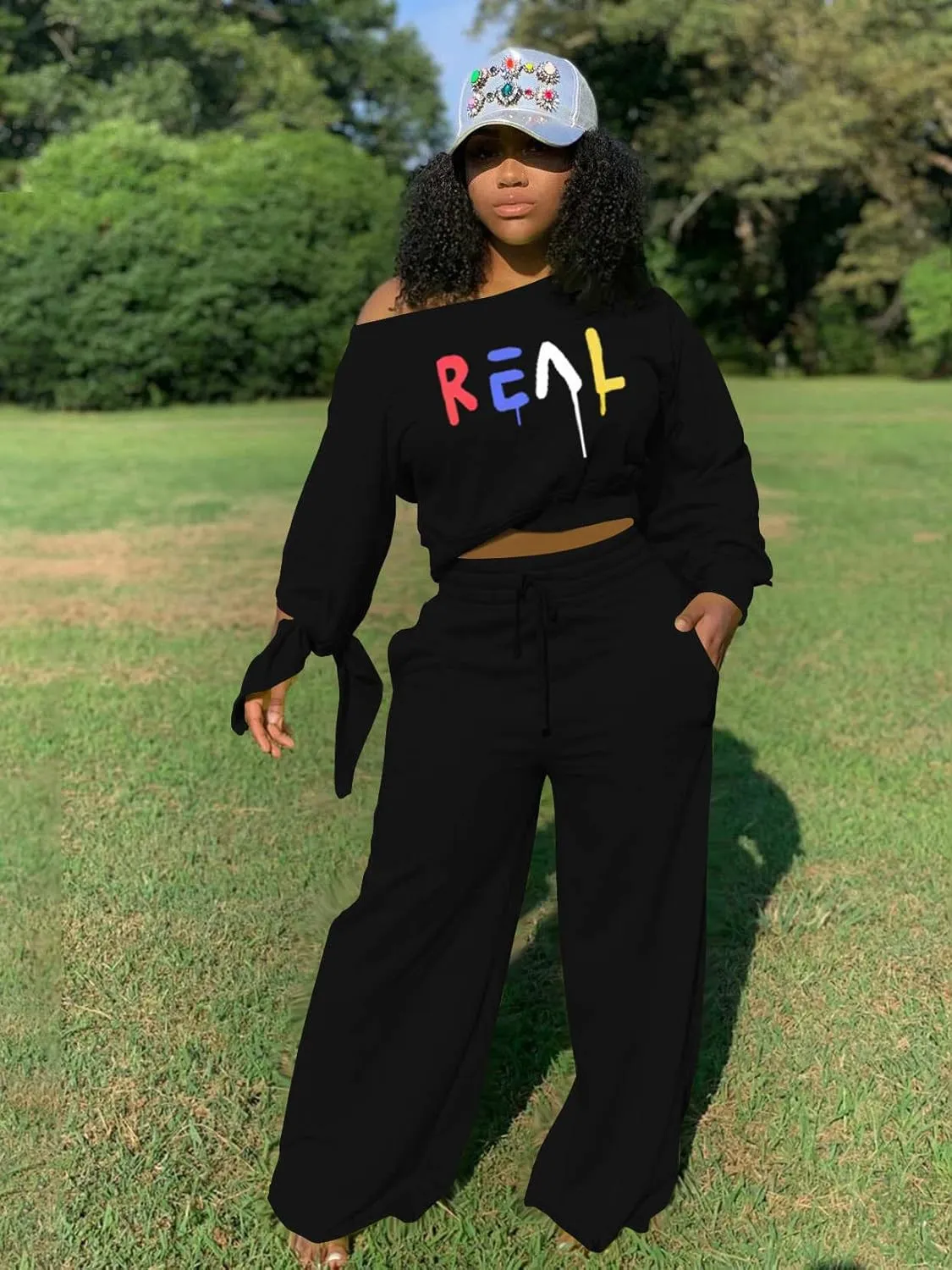 TOPSRANI Women's 2 Piece Outfits Casual Solid Sweatsuits Baggy Long Sleeve Loose Matching Wide Leg Tracksuit Pants Sets