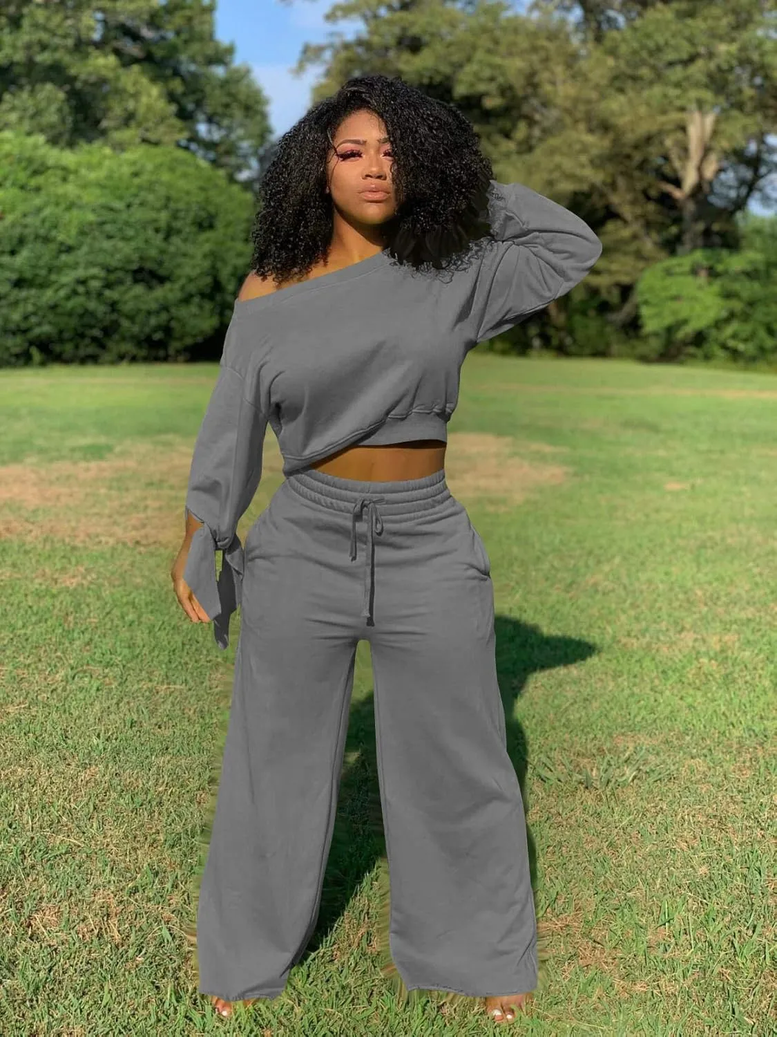 TOPSRANI Women's 2 Piece Outfits Casual Solid Sweatsuits Baggy Long Sleeve Loose Matching Wide Leg Tracksuit Pants Sets
