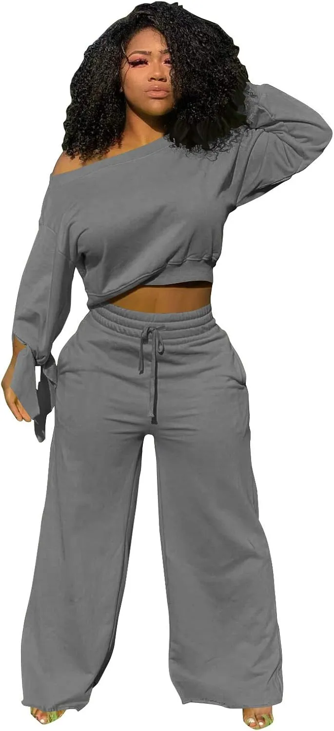 TOPSRANI Women's 2 Piece Outfits Casual Solid Sweatsuits Baggy Long Sleeve Loose Matching Wide Leg Tracksuit Pants Sets