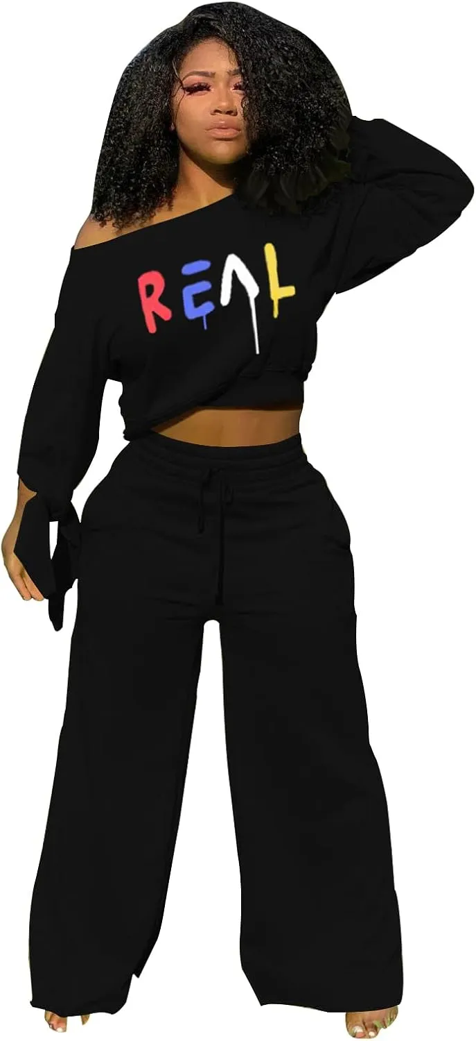 TOPSRANI Women's 2 Piece Outfits Casual Solid Sweatsuits Baggy Long Sleeve Loose Matching Wide Leg Tracksuit Pants Sets