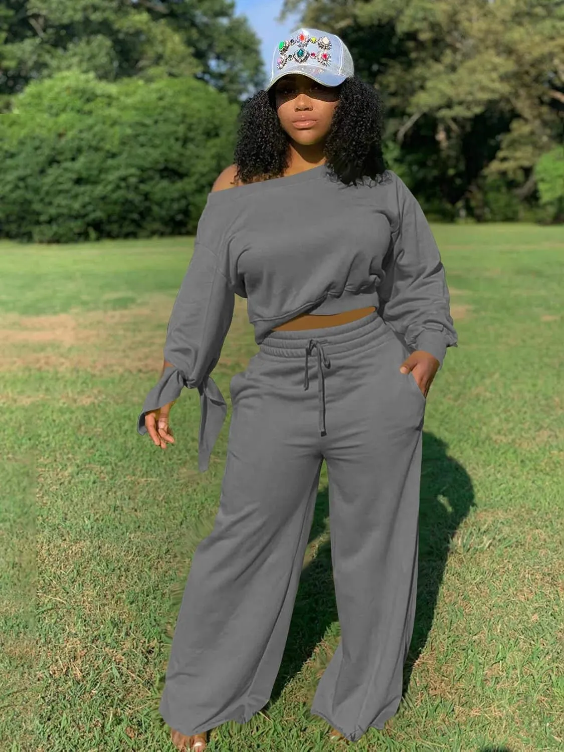 TOPSRANI Women's 2 Piece Outfits Casual Solid Sweatsuits Baggy Long Sleeve Loose Matching Wide Leg Tracksuit Pants Sets