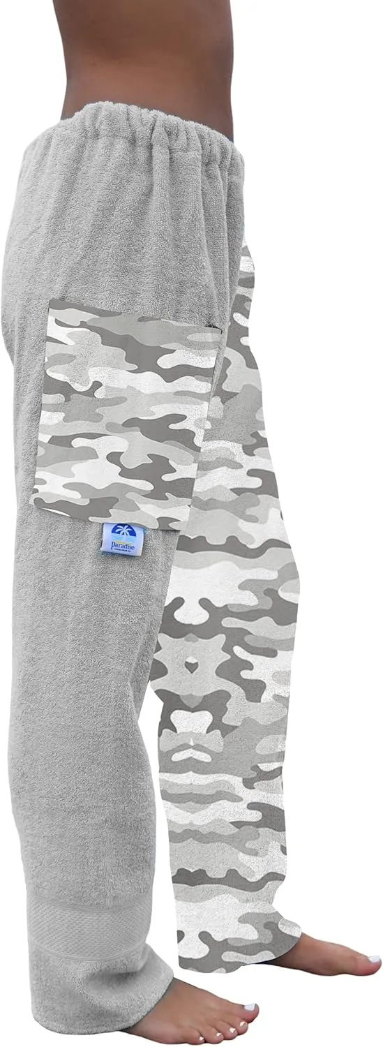 Towel Pants for Swimmers  Cotton Terry Towel Pants  Beach Coverup  Swim wear - Grey Camo Camouflage Pattern