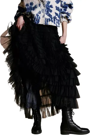 UAURORAO Women Tulle Slip Maxi Skirt Ruffle Pleated Lace Slip Skirt See Through Underskirt Layered Tutu Skirt Petticoat