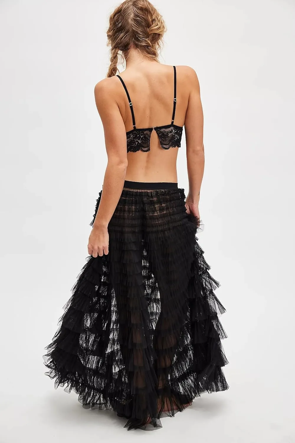 UAURORAO Women Tulle Slip Maxi Skirt Ruffle Pleated Lace Slip Skirt See Through Underskirt Layered Tutu Skirt Petticoat