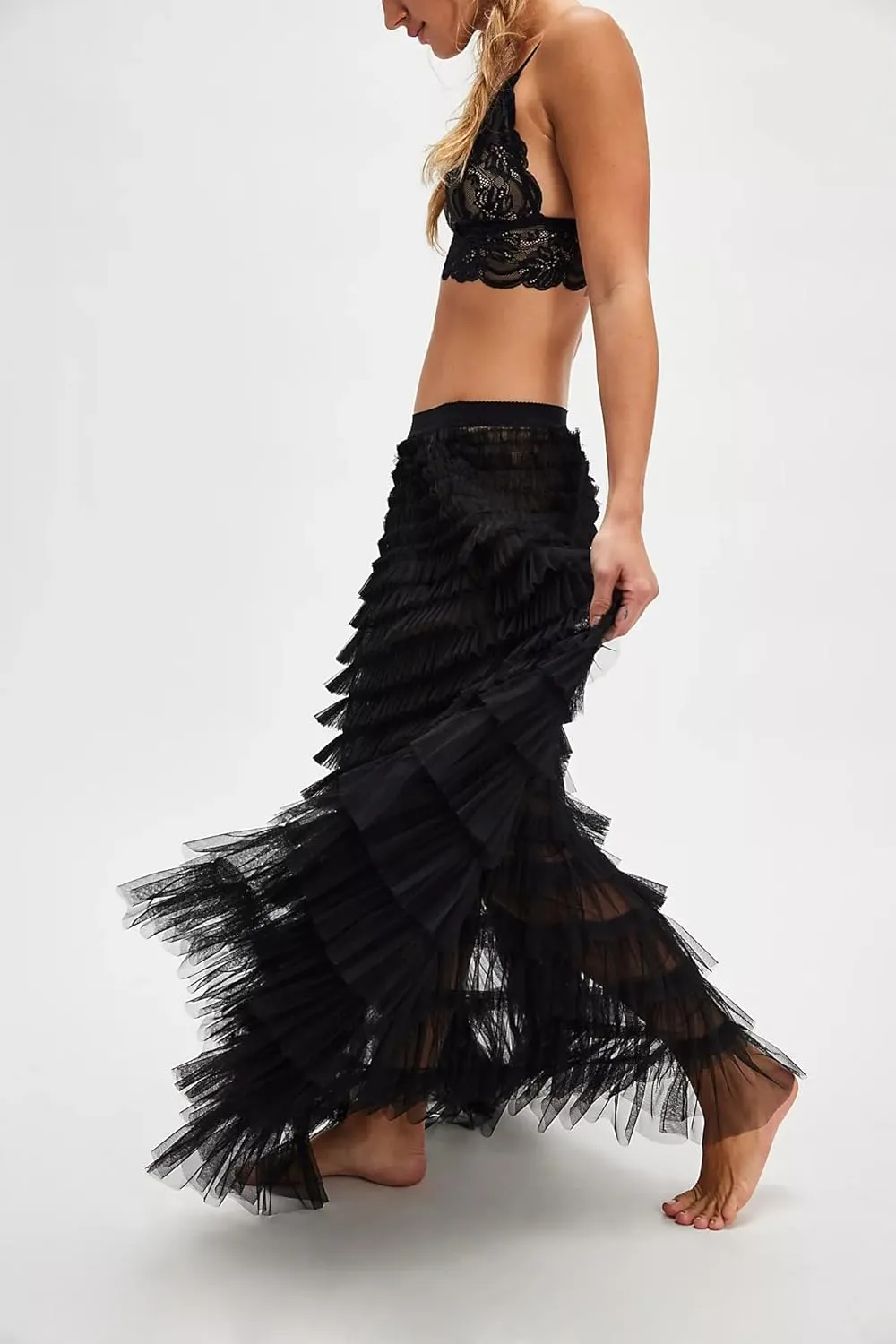 UAURORAO Women Tulle Slip Maxi Skirt Ruffle Pleated Lace Slip Skirt See Through Underskirt Layered Tutu Skirt Petticoat
