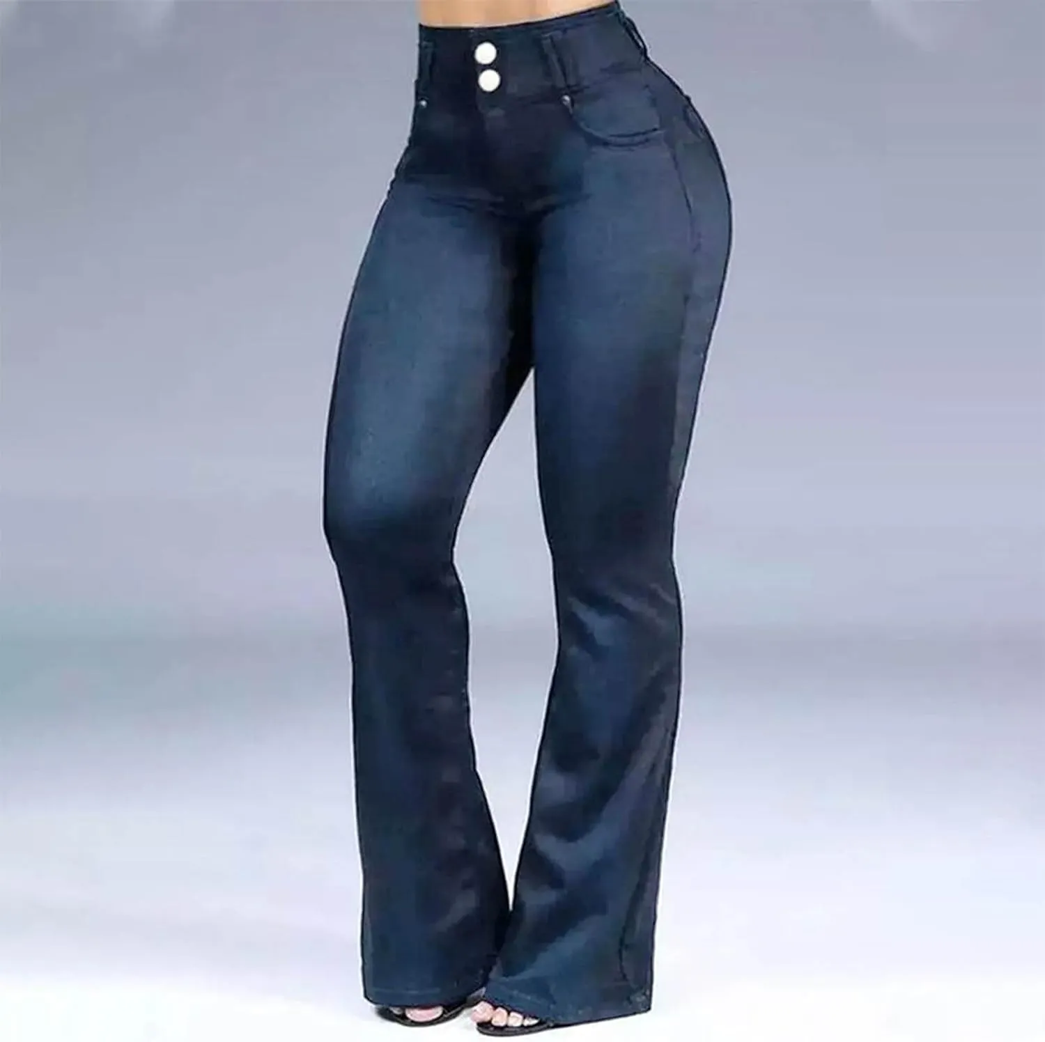 Uillui Bell Bottom Jeans for Women High Waist Slim Fit Flare Denim Pants Fashion Casual Button Pocket Trousers Straight Pant