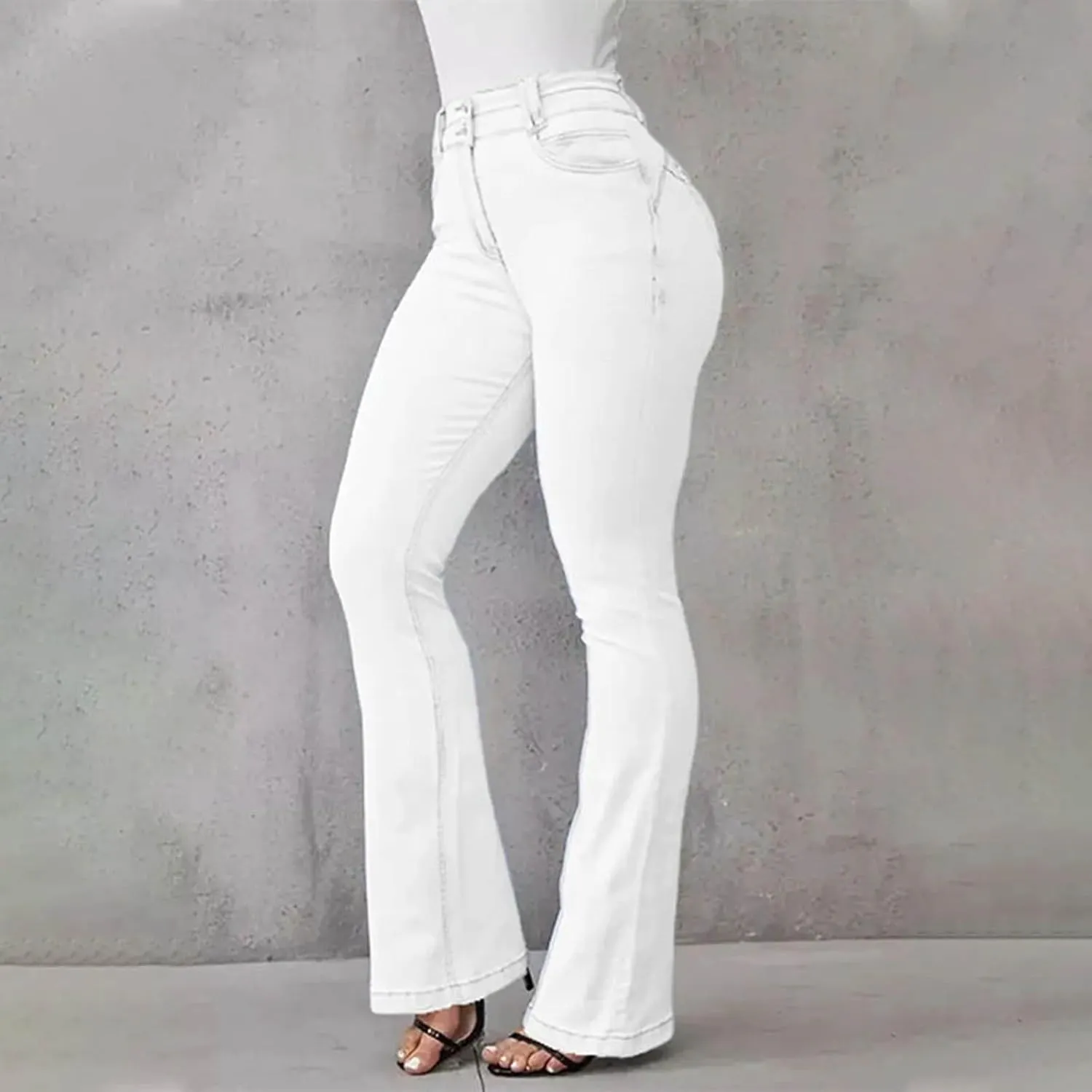 Uillui Bell Bottom Jeans for Women High Waist Slim Fit Flare Denim Pants Fashion Casual Button Pocket Trousers Straight Pant