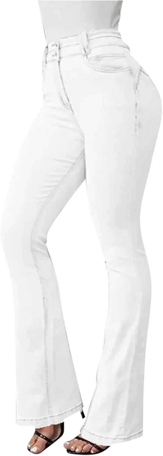 Uillui Bell Bottom Jeans for Women High Waist Slim Fit Flare Denim Pants Fashion Casual Button Pocket Trousers Straight Pant
