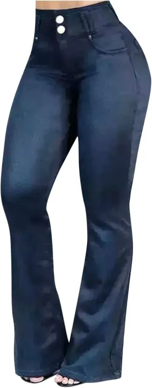 Uillui Bell Bottom Jeans for Women High Waist Slim Fit Flare Denim Pants Fashion Casual Button Pocket Trousers Straight Pant