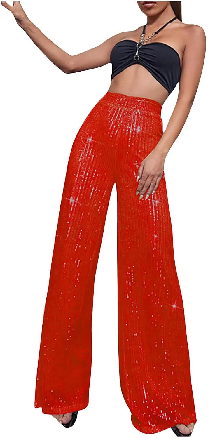 Uillui Sequin Palazzo Pants Women Fashion Glitter Sparkle Wide Leg Trousers for Party High Waist Straight Shimmer Long Pants