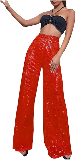 Uillui Sequin Palazzo Pants Women Fashion Glitter Sparkle Wide Leg Trousers for Party High Waist Straight Shimmer Long Pants