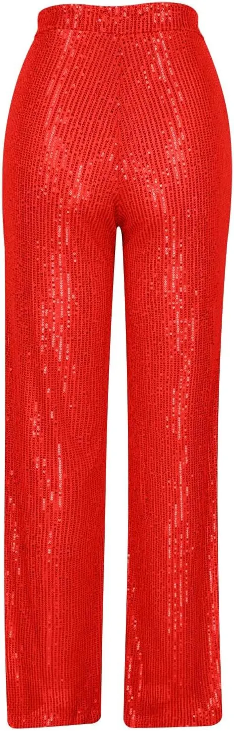 Uillui Sequin Palazzo Pants Women Fashion Glitter Sparkle Wide Leg Trousers for Party High Waist Straight Shimmer Long Pants