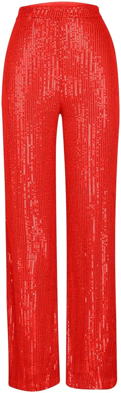 Uillui Sequin Palazzo Pants Women Fashion Glitter Sparkle Wide Leg Trousers for Party High Waist Straight Shimmer Long Pants