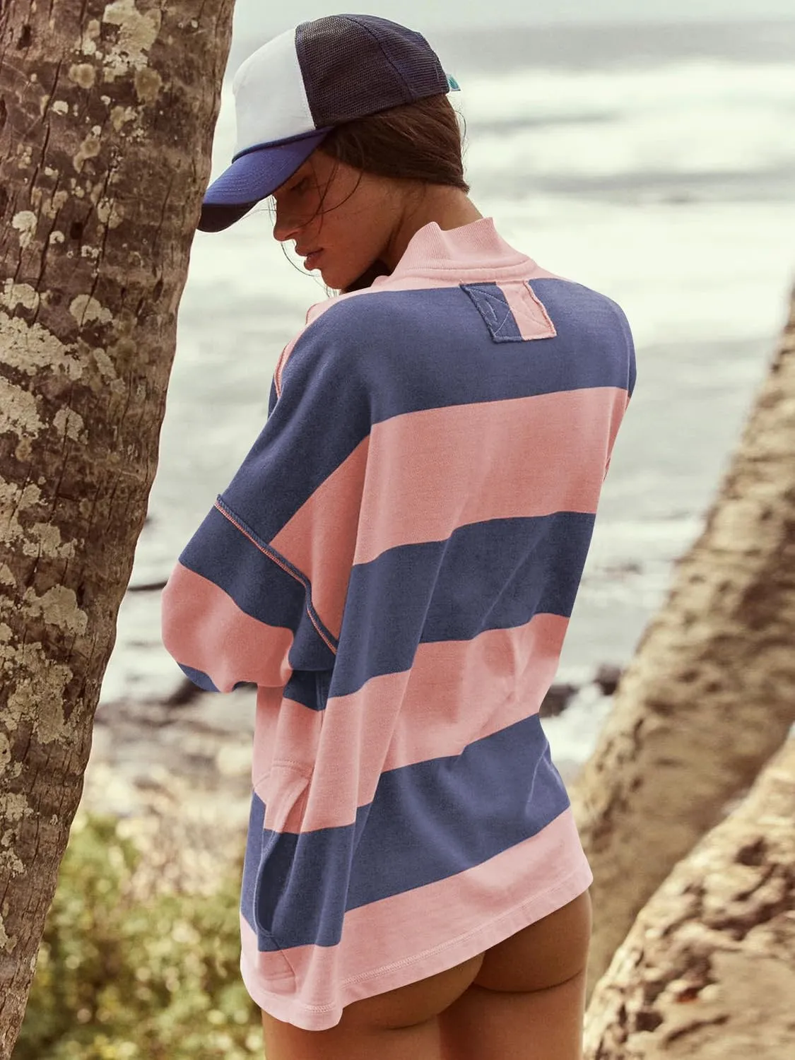 utcoco Oversized Sweatshirt for Women Striped Half Zip Long Sleeve Shirts Hoodies Color Block Preppy Y2K Tops