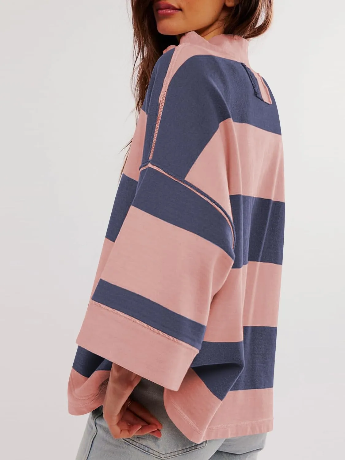 utcoco Oversized Sweatshirt for Women Striped Half Zip Long Sleeve Shirts Hoodies Color Block Preppy Y2K Tops