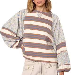 utcoco Oversized Sweatshirt for Women Striped Patchwork Floral Long Sleeve Shirts Hoodies Preppy Tops Y2K Outfits
