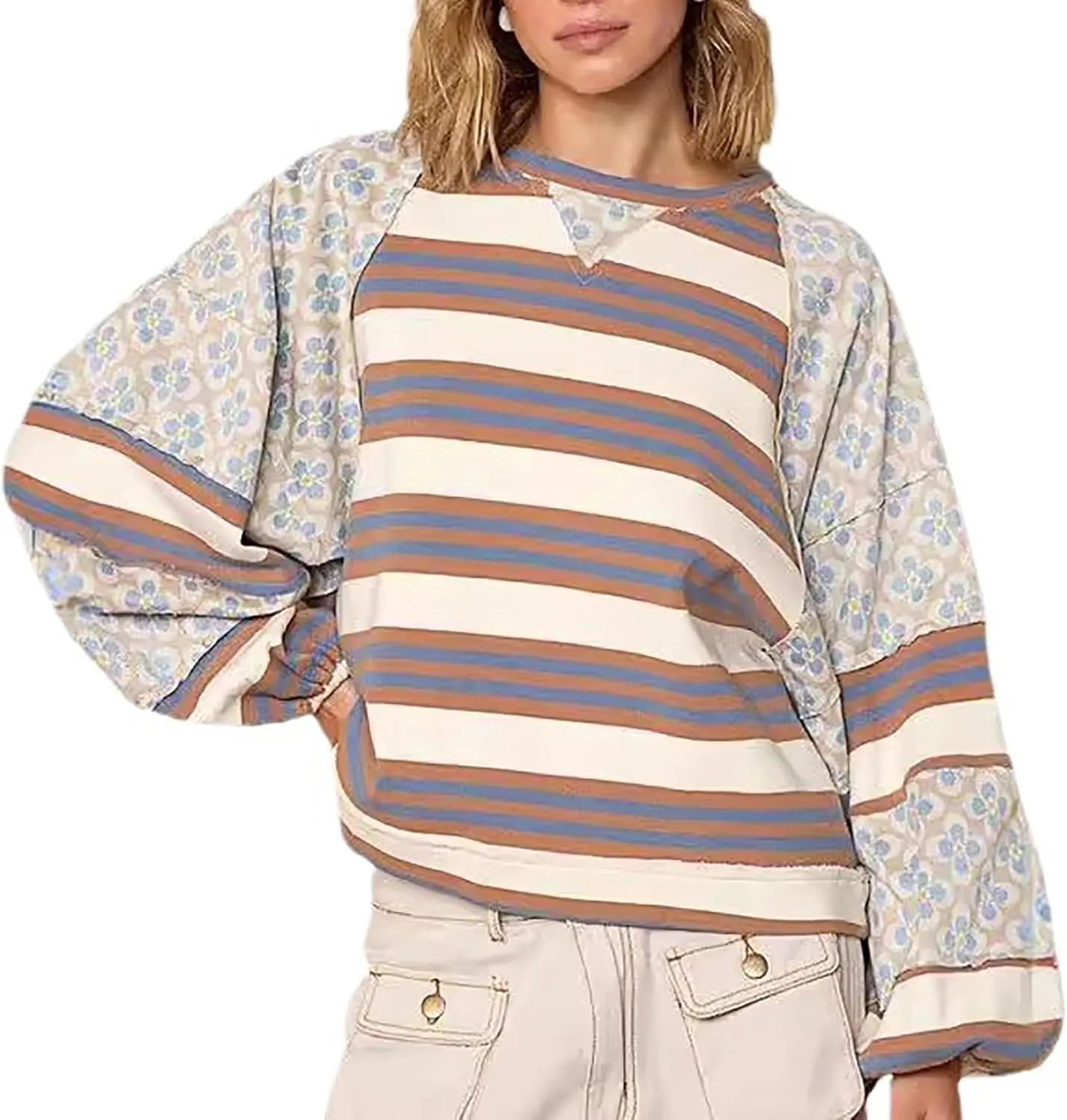 utcoco Oversized Sweatshirt for Women Striped Patchwork Floral Long Sleeve Shirts Hoodies Preppy Tops Y2K Outfits