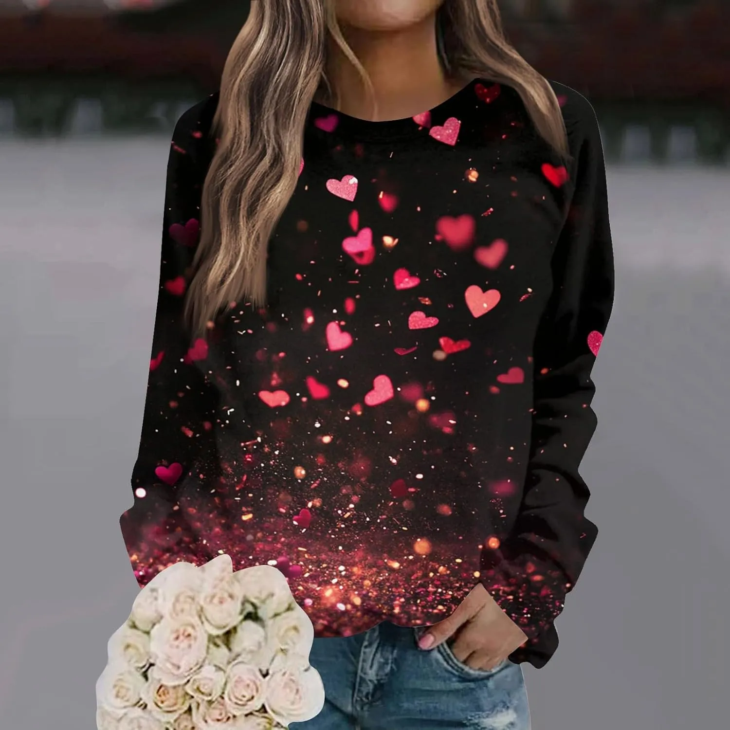 Valentine Sweatshirts For Women Love Hearts Printed Crewneck Pullover Tops Cute Casual Long Sleeve Shirts