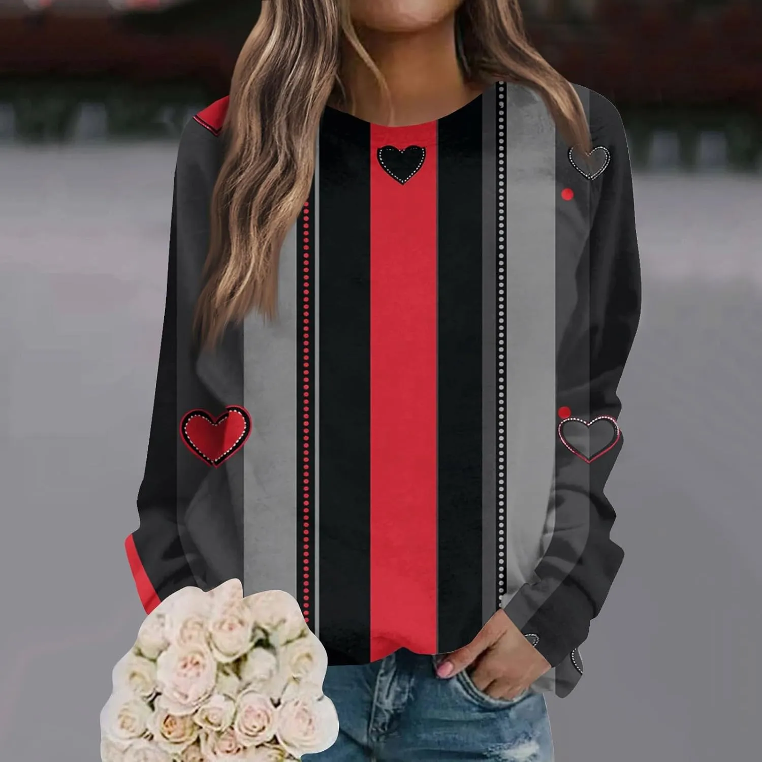 Valentine Sweatshirts For Women Love Hearts Printed Crewneck Pullover Tops Cute Casual Long Sleeve Shirts