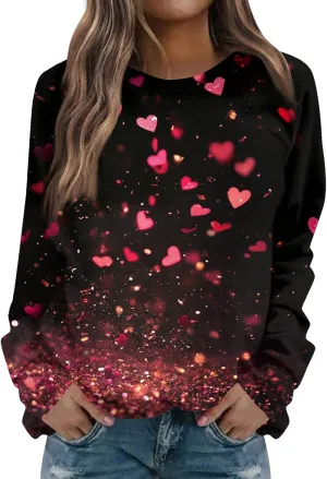Valentine Sweatshirts For Women Love Hearts Printed Crewneck Pullover Tops Cute Casual Long Sleeve Shirts