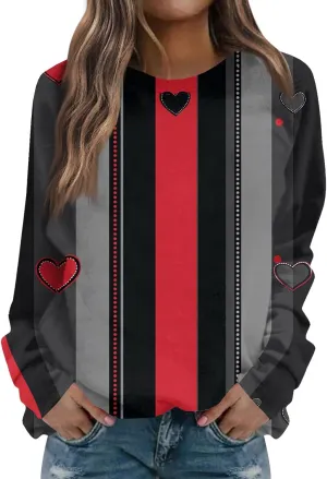 Valentine Sweatshirts For Women Love Hearts Printed Crewneck Pullover Tops Cute Casual Long Sleeve Shirts