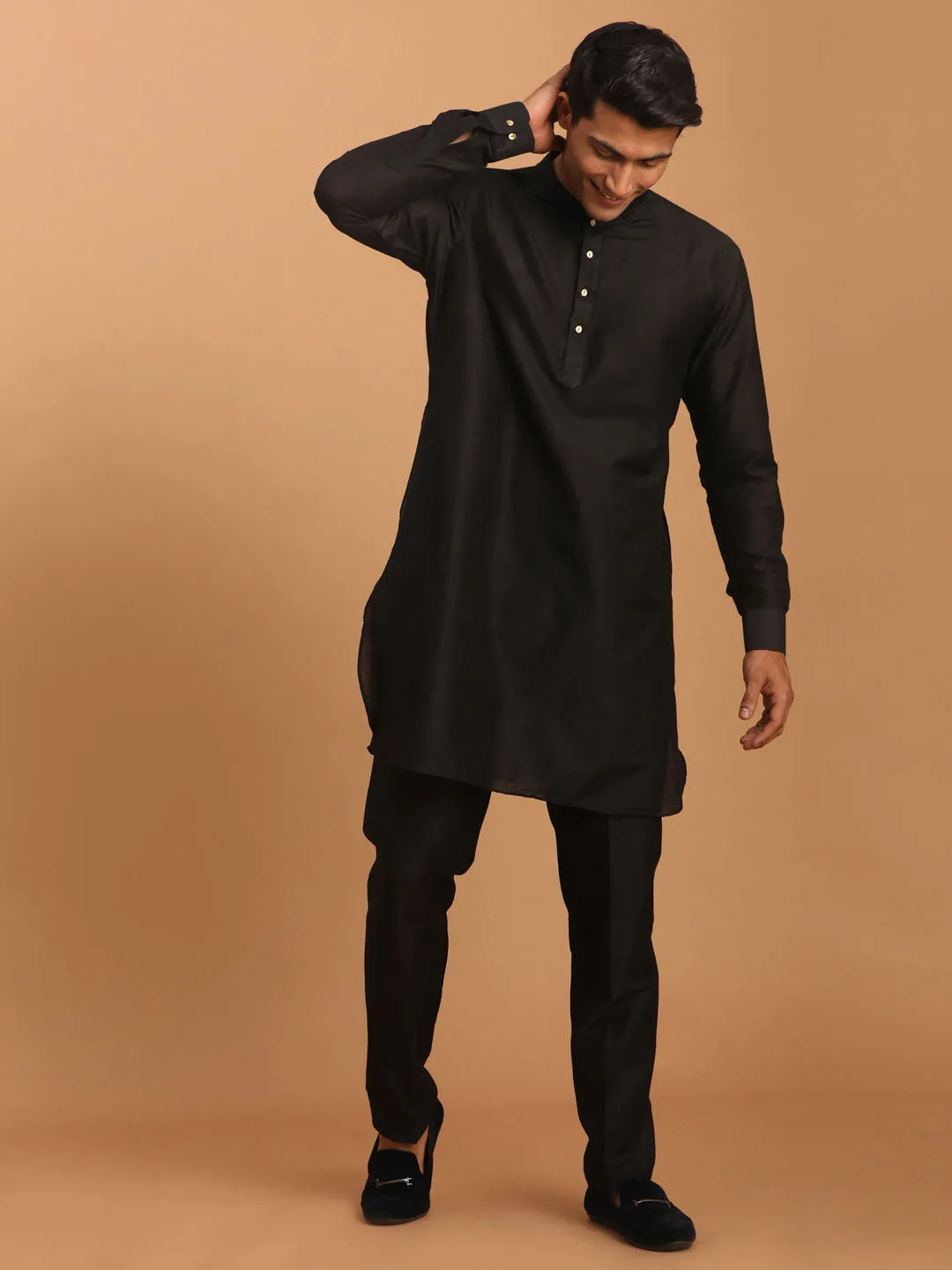 VASTRAMAY Men's Black Silk Kurta Set